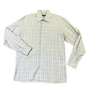 Ermenegildo Zegna mens L Large yellow gray check plaid button up casual shirt
